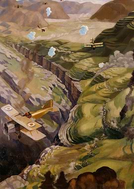 Vintage Airplane Battle over Canyon Painting