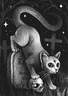 Gothic Cat on Tombstone with Skull