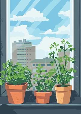 Potted Plants on Windowsill Illustration