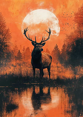 Elk in Forest with Full Moon