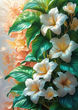 Floral arrangement with white and peach blossoms