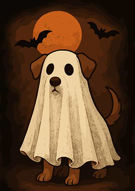 Dog dressed as a ghost for Halloween