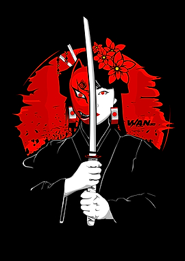 Geisha with Katana and Mask Illustration