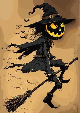 Pumpkin Head Witch on Broomstick