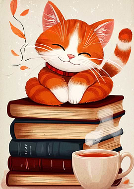 Cozy Cat on Books with Tea