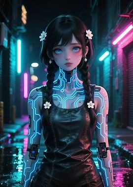 Cyberpunk Anime Girl with Neon Circuits
