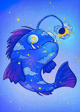 Cartoon Anglerfish with Celestial Details