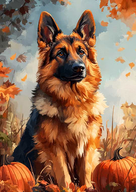 German Shepherd with Pumpkins in Autumn | Fall Dog Print