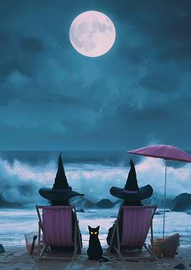 Witches Relaxing on Beach Under Full Moon