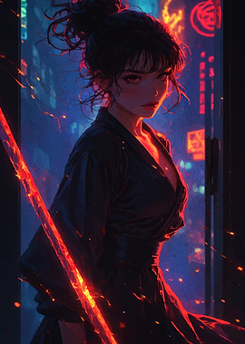 Cyberpunk Warrior with Glowing Sword