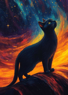 Black Cat Gazing at the Stars