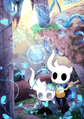 Hollow Knight characters in a garden