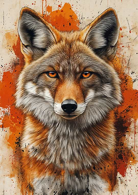Coyote Portrait with Orange Splatter Background