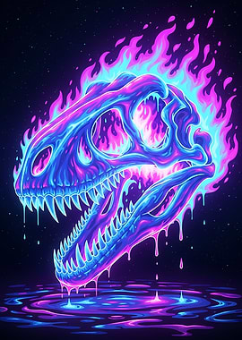 Neon Dinosaur Skull with Flames