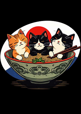 Cats in Ramen Bowl Illustration