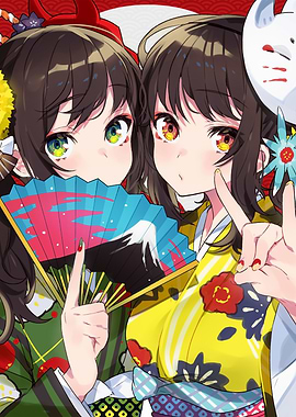 Anime Girls in Kimonos with Fan