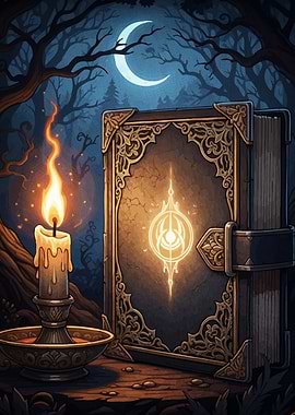 Mystical Book Candle Dark Forest