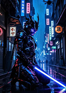 Cyberpunk Samurai in Rainy Cityscape