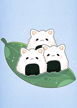 Cute Onigiri Cat Family on Leaf