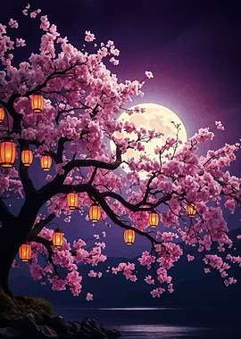 Cherry Blossom Tree with Lanterns at Night