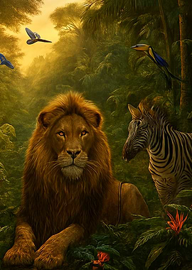 Lion and Zebra in Jungle