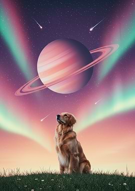 Dog Gazing at Saturn in Space