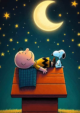Charlie Brown and Snoopy under moon