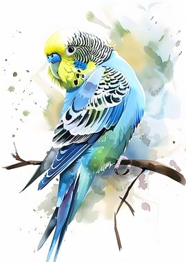 Watercolor Budgie Bird on Branch