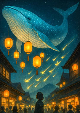 Whale in the Sky over Japanese Town