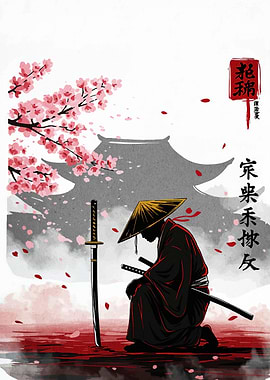 Samurai in contemplation with cherry blossoms