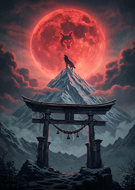 Wolf Howling Red Moon Torii