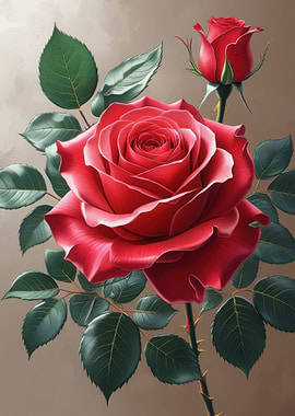 Red Rose Blossom with Bud