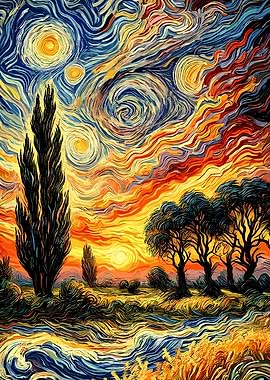 Starry Night Inspired Landscape Painting