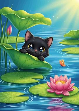 Cute Black Cat on Lily Pad