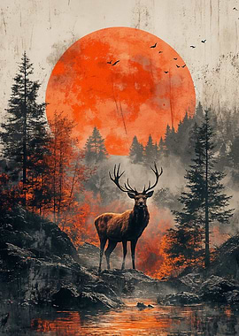Stag in Forest with Red Moon