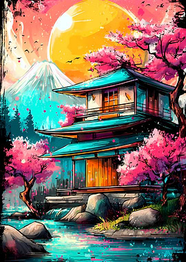 Japanese Temple with Cherry Blossoms
