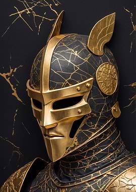 Golden Knight Helmet on Dark Background