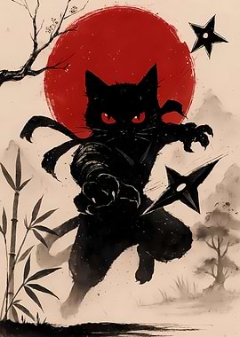 Ninja Cat with Shurikens and Red Sun