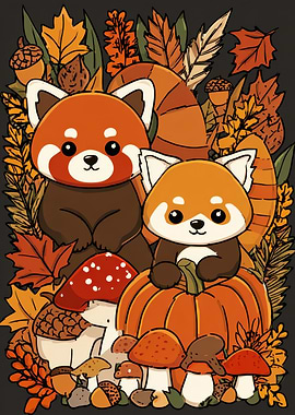 Autumn Red Pandas with Pumpkins and Leaves