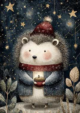 Winter Hedgehog with Acorn and Stars