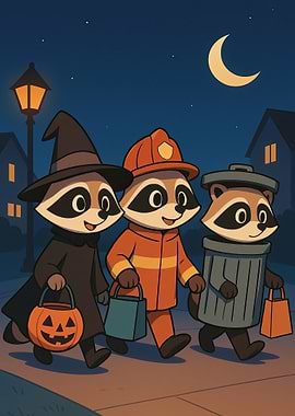 Raccoon Witch, Firefighter, and Trash Can on Halloween