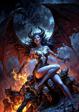 Demon Queen Lilith on a Throne of Skulls
