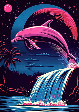 Dolphin Leaping Waterfall Night Scene