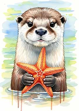 Watercolor Otter Holding Starfish Illustration
