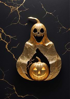 Golden Halloween Ghost and Pumpkin