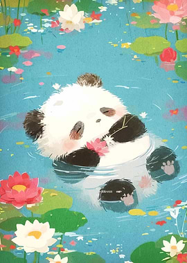 Panda in Lotus Pond Illustration
