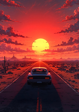 Car on Desert Road at Sunset
