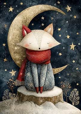 Fox on the Moon Watercolor Illustration