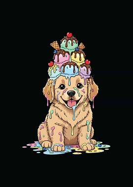 Golden Retriever with Ice Cream Hat