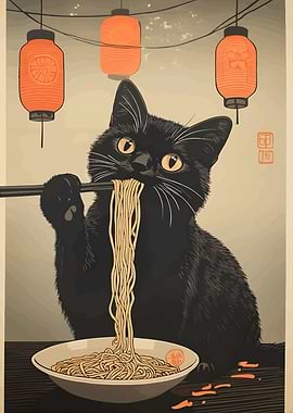 Black Cat Eating Ramen Noodles Art